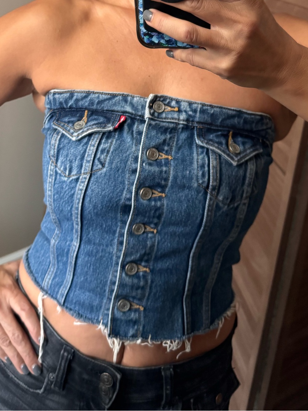 Levi's Blue Denim Strapless Button-Front Corset Top